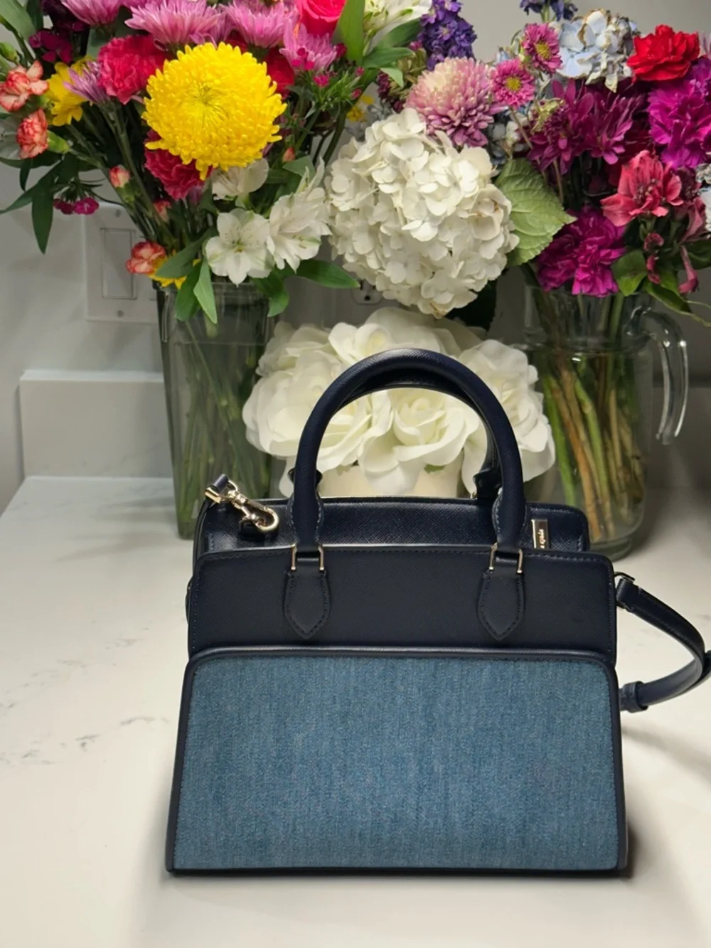 Kate Spade Madison Navy Blue Denim Floral Vase Embroidered Tote Crossbody Bag